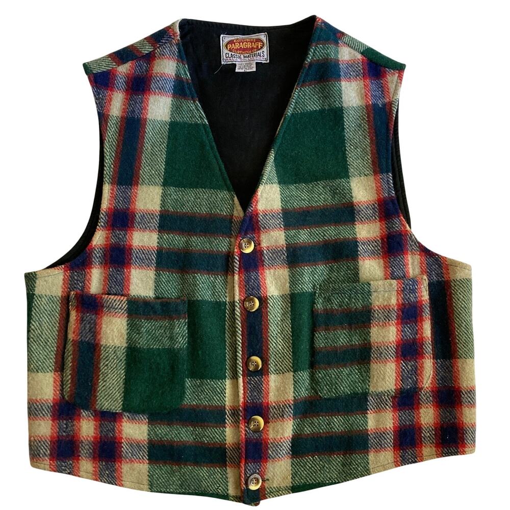 Vintage Paragraff Vest Mens Large Multi Plaid Flannel Wool Blend Lined 90s Gilet